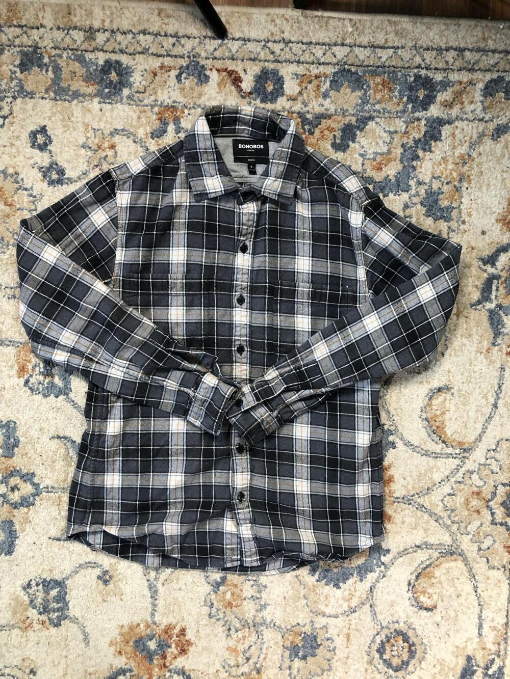 Bonobos Shirt Mens M Gray Plaid Flannel Long Sleeve Button Up Slim Fit Casual